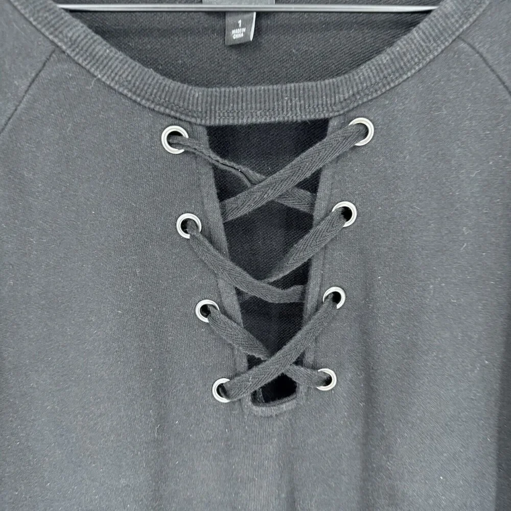 Torrid Knit Fleece Lace-Up Sweatshirt Black Size 1X Rough Hem - Picture 2 of 4